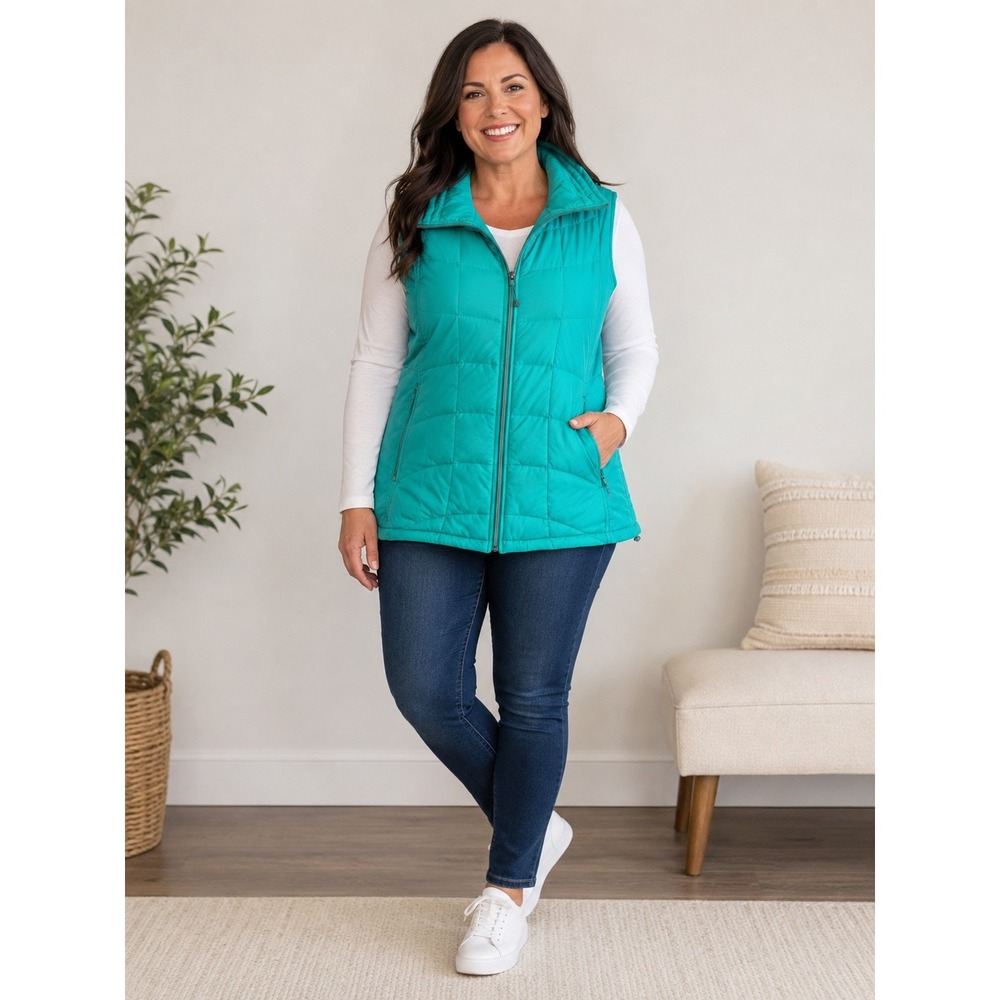 Athleta Womens Teal Green Quilted Puffer Vest Full Zip Funnel Neck 964366 Medium